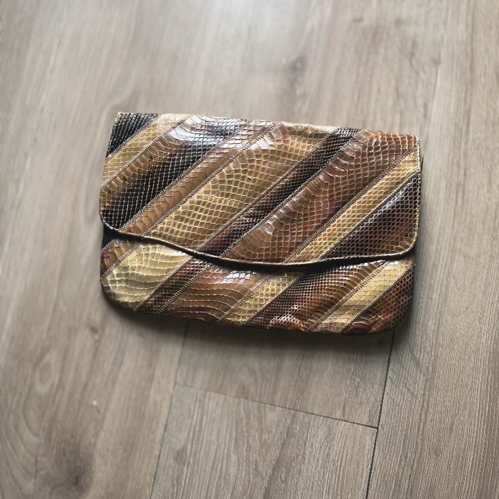 Striped Snakeskin Effect Clutch in Brown and Tan